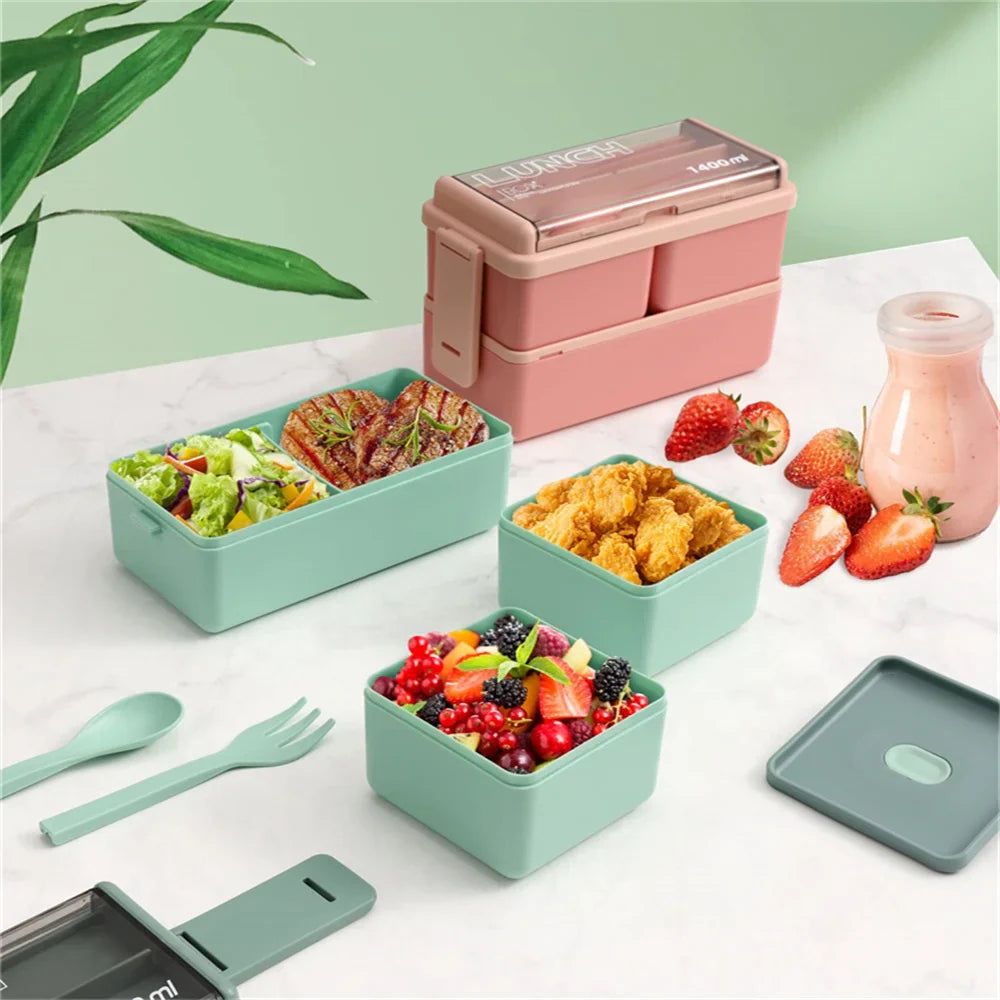 Bento Lunch Boxes – 1400ml Double Layer, Leak-Proof with Fork &amp; Spoon