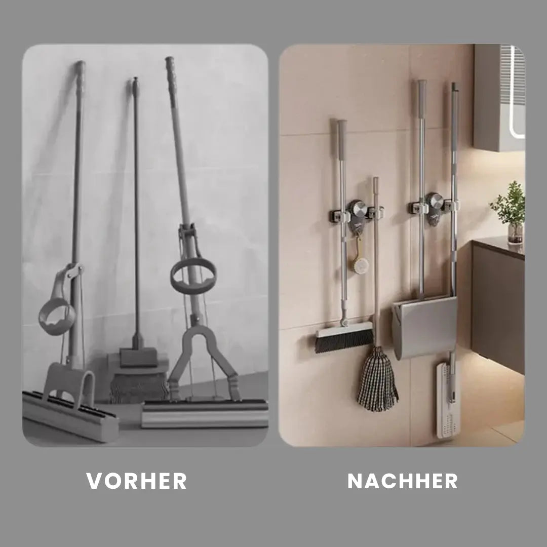 Space-Saving Broom & Tool Holder – No Drill, Wall Mount & 4 Hook Slots