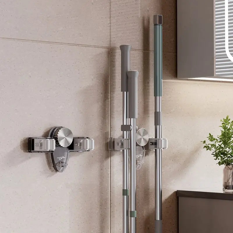 Space-Saving Broom & Tool Holder – No Drill, Wall Mount & 4 Hook Slots
