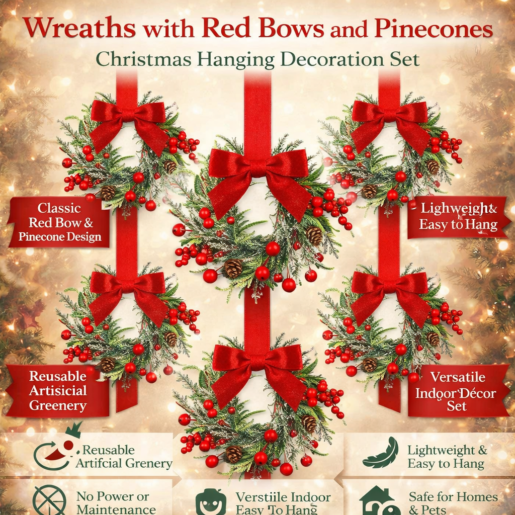 Christmas Wreath with Red Bow and Pinecones – Hanging Holiday Decor