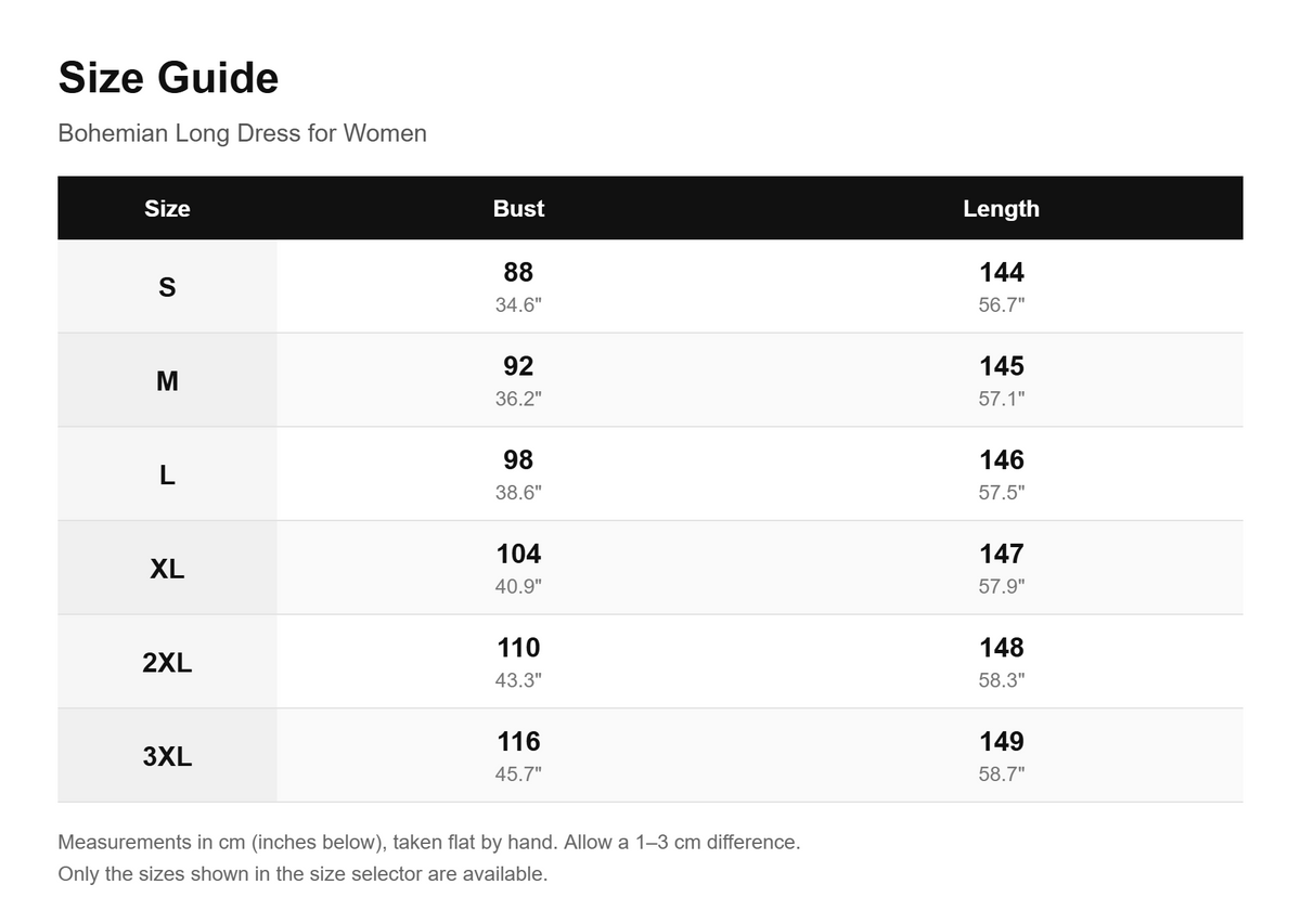 Size guide - Bohemian Long Dress for Women