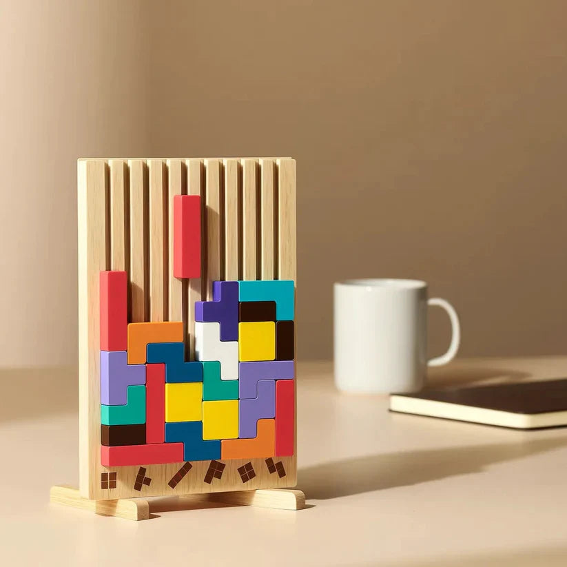 Wooden Tetris Puzzle Board – Brain Teaser Desk Toy & Tangram Strategy Game