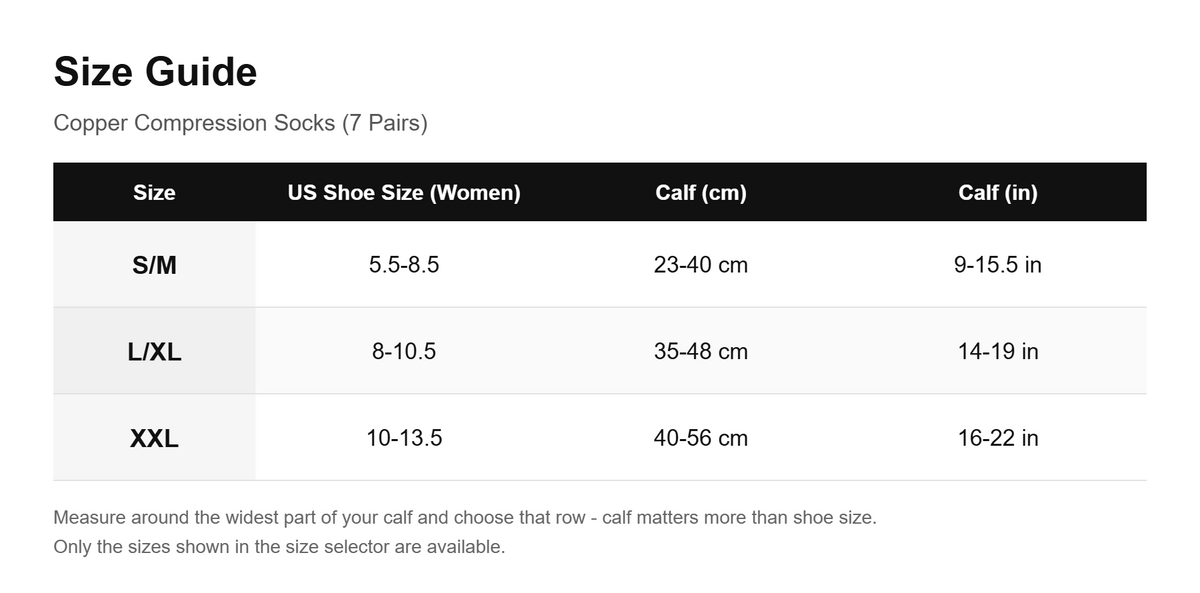 Size guide - Copper Compression Socks (7 Pairs) for Women & Men-Workout And Recovery