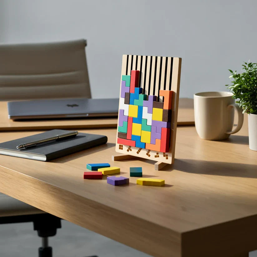 Wooden Tetris Puzzle Board – Brain Teaser Desk Toy & Tangram Strategy Game