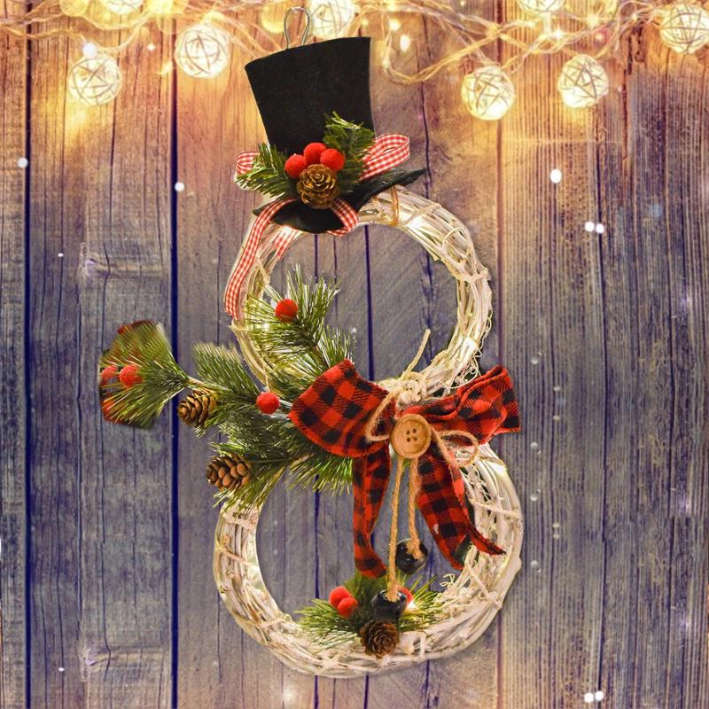 Rustic Snowman LED Christmas Wreath – Lighted Front Door Decoration