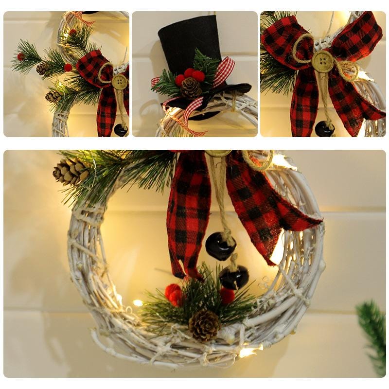 Rustic Snowman LED Christmas Wreath – Lighted Front Door Decoration