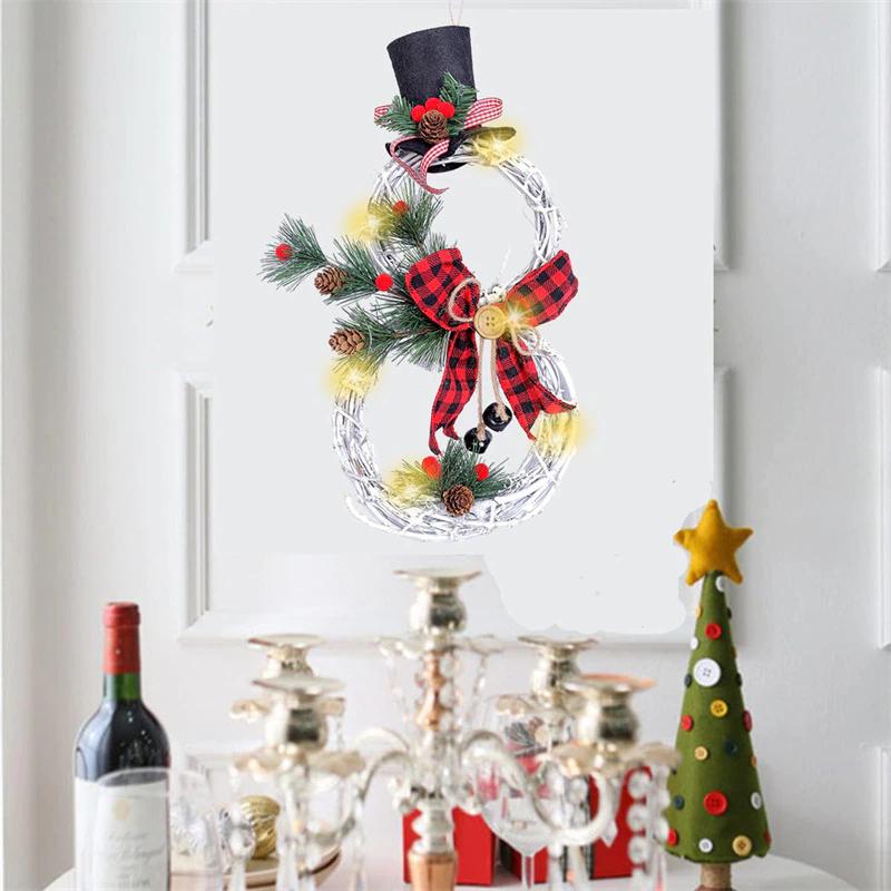 Rustic Snowman LED Christmas Wreath – Lighted Front Door Decoration