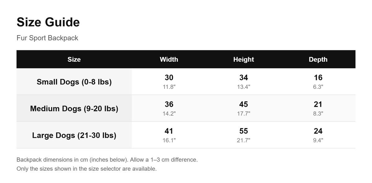 Size guide - Fur Sport Backpack