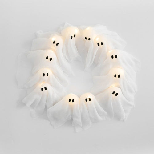 12-Light Illuminated Ghost Halloween Wreath