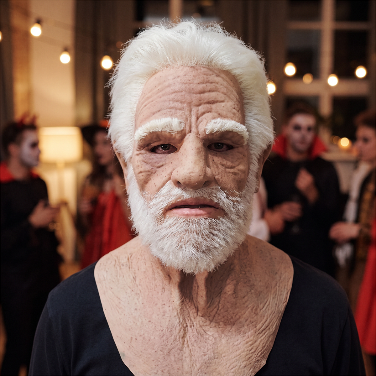 Person wearing the realistic latex Halloween mask at a party