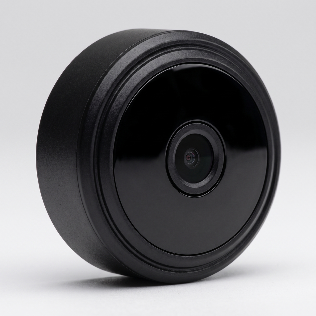 Mini round black wireless security camera on a studio background