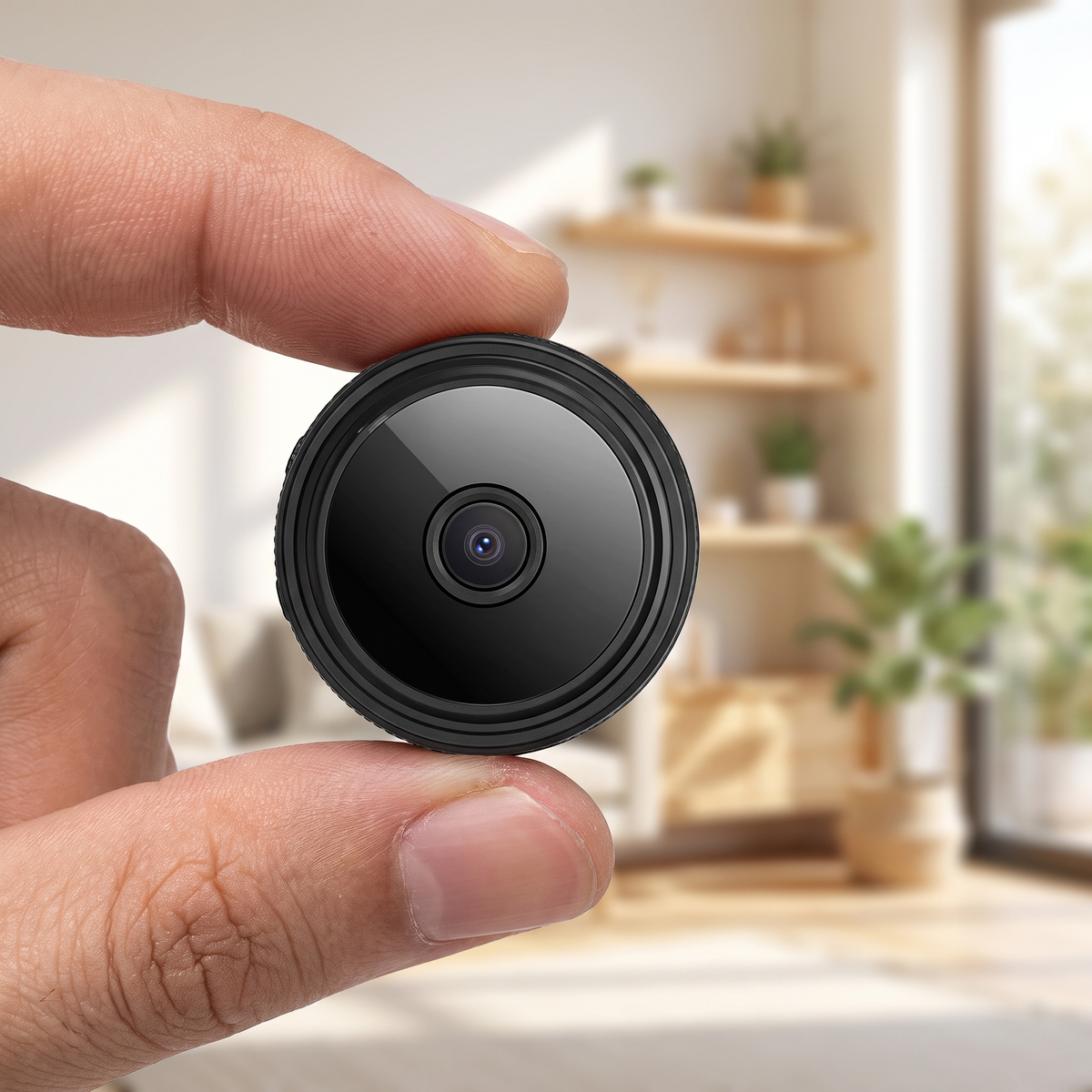 Mini wireless camera held between two fingers to show its size