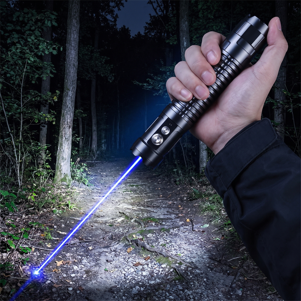 Tactical laser torch lighting a forest trail at night, beam angled at the ground