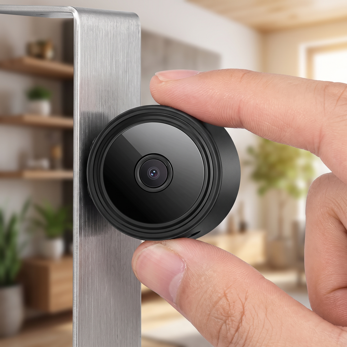 Mini camera magnetically mounted on a metal shelf bracket at home