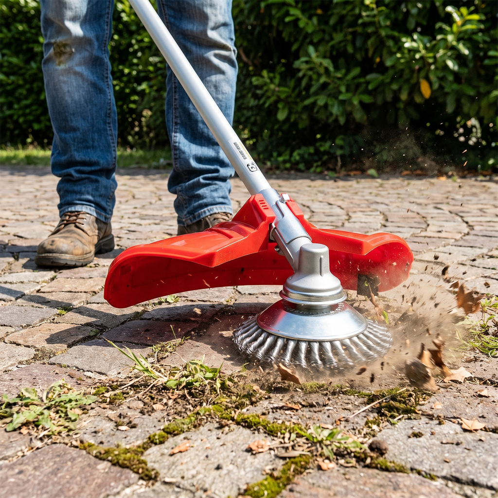 Weed brush trimmer clearing weeds from paving cracks on a driveway