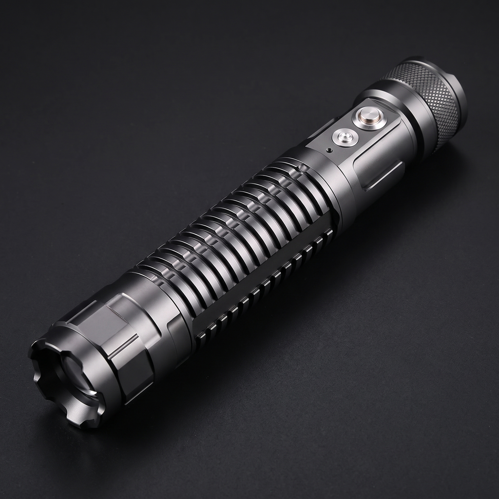 High-power tactical laser torch with ribbed aluminium body on a dark background