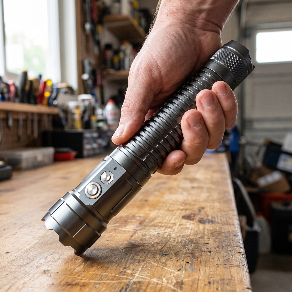 Hand picking up the switched-off tactical laser torch from a workbench