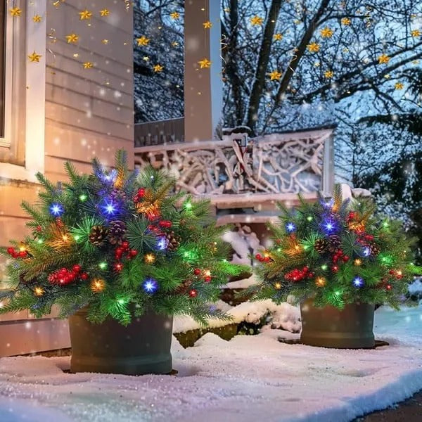 Pre-Lit LED Evergreen Christmas Urn Filler – Battery Operated Porch Decoration