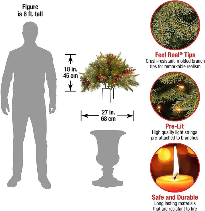 Pre-Lit LED Evergreen Christmas Urn Filler – Battery Operated Porch Decoration