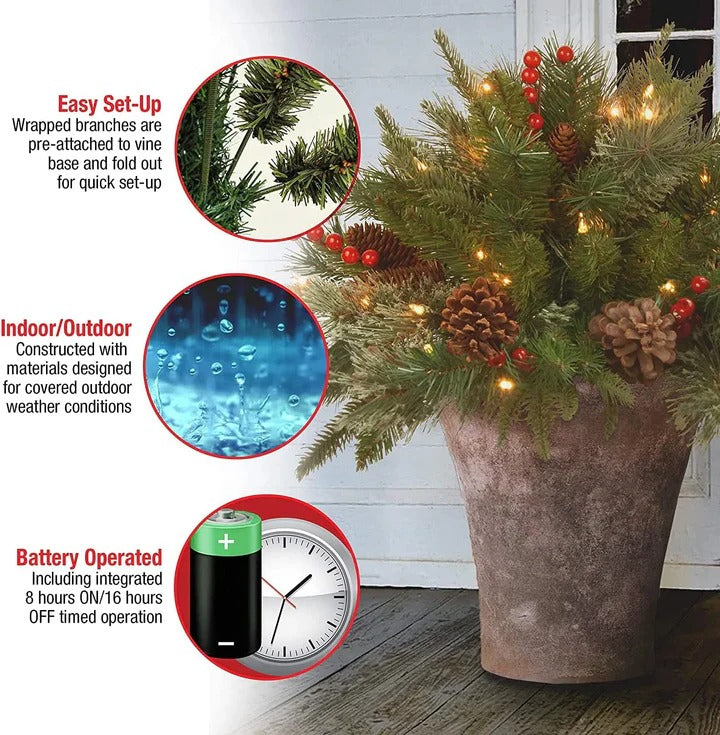 Pre-Lit LED Evergreen Christmas Urn Filler – Battery Operated Porch Decoration