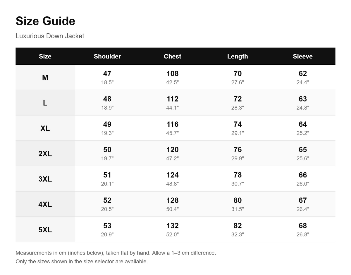 Size guide - Luxurious down jacket