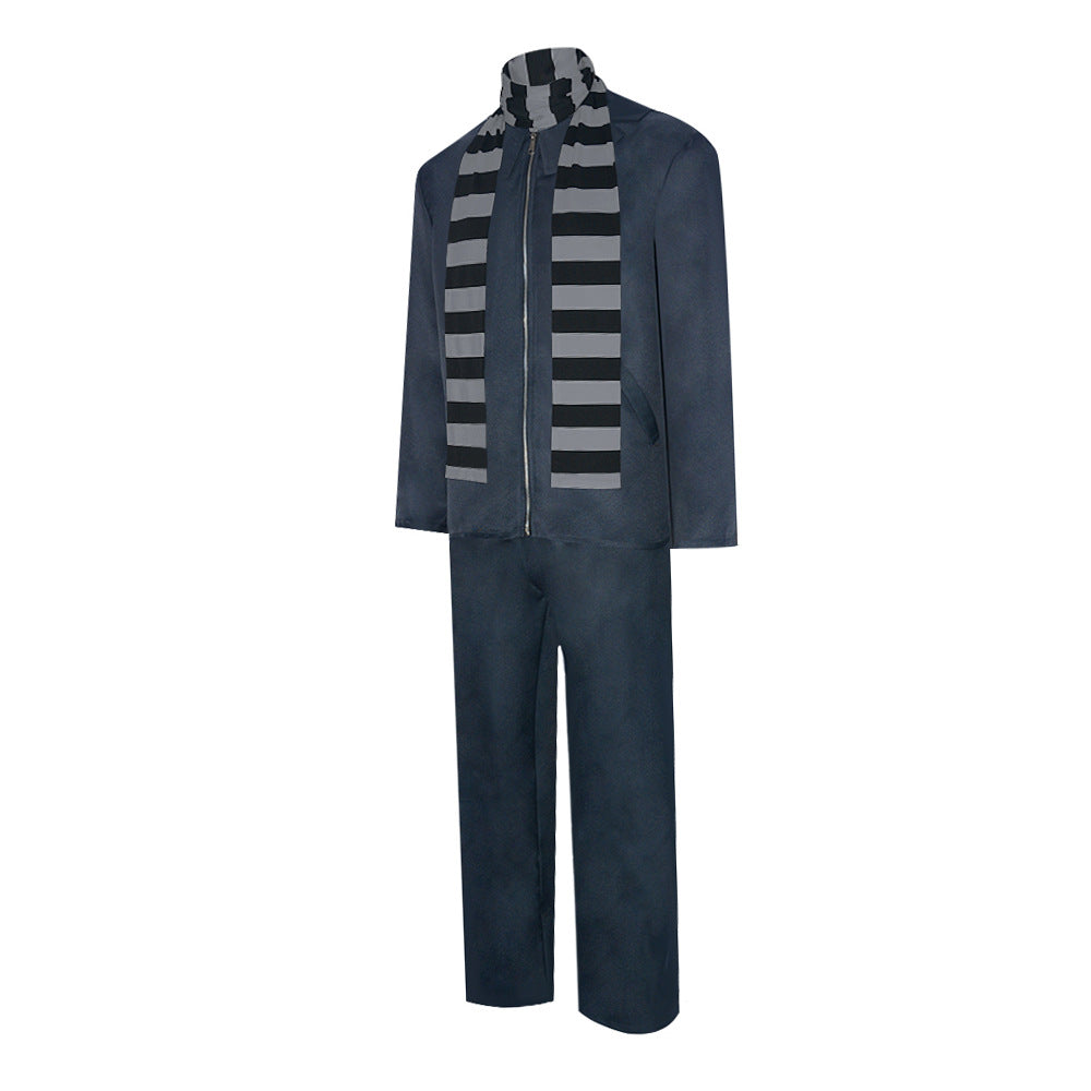 Men’s Gray Suit Costume with Striped Scarf