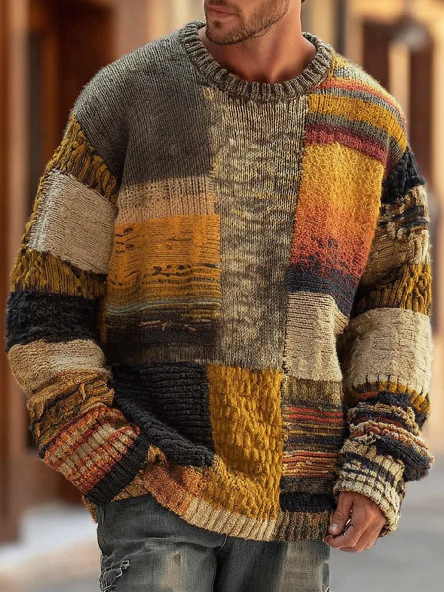 Men's Knit Sweater – Patchwork Colorblock, Long Sleeve