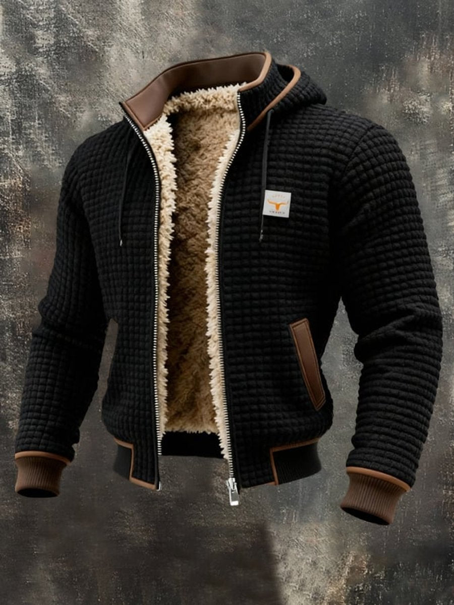 Men's Fleece-Lined Quilted Jacket with Stand Collar and Zip