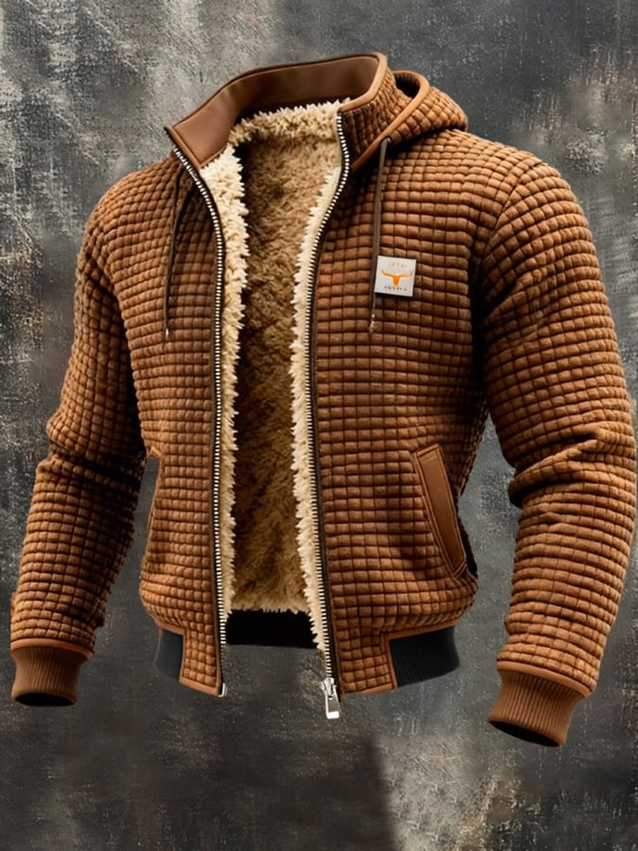 Men's Fleece-Lined Quilted Jacket with Stand Collar and Zip