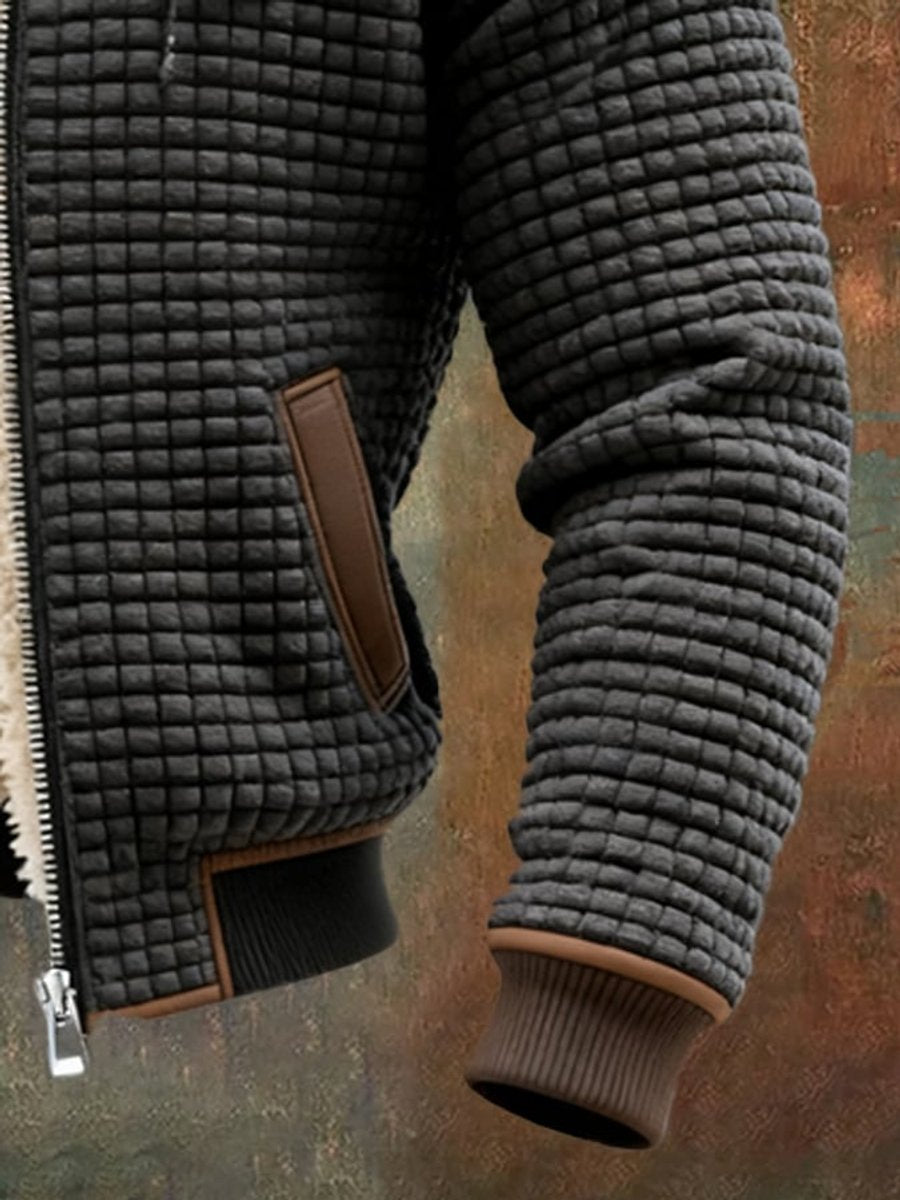 Men's Fleece-Lined Quilted Jacket with Stand Collar and Zip