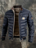 Men's Quilted Puffer Jacket with Stand Collar and Zip Front