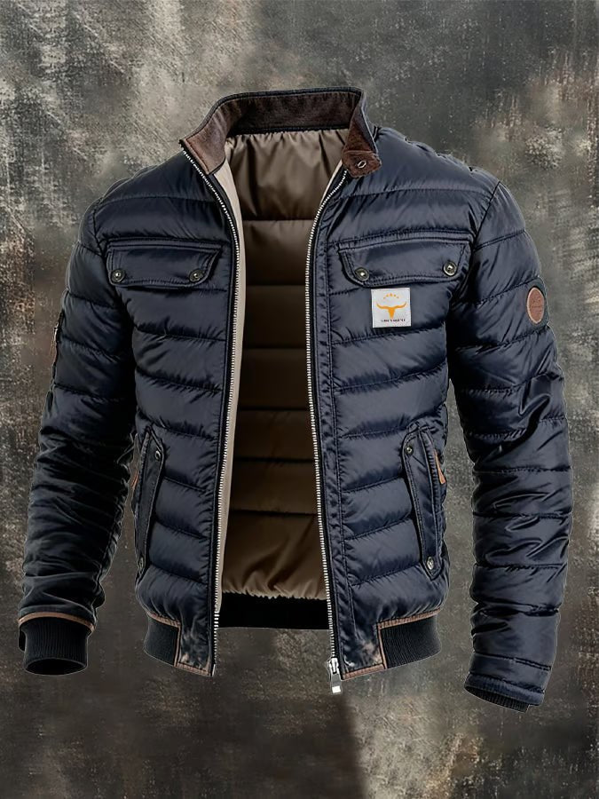 Men's Quilted Puffer Jacket with Stand Collar and Zip Front