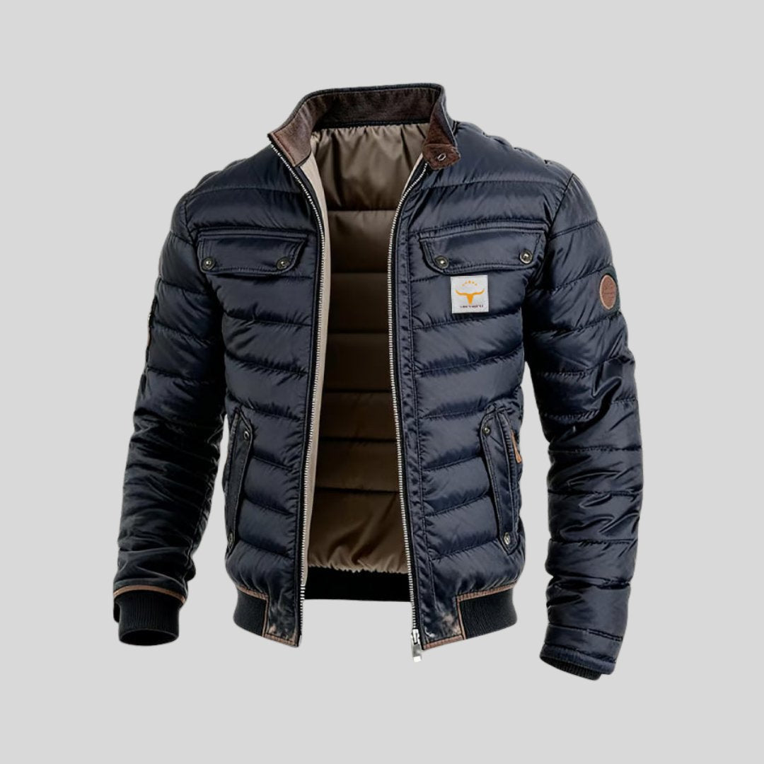 Men's Quilted Puffer Jacket with Stand Collar and Zip Front