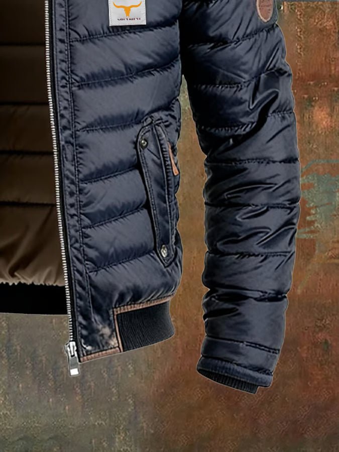 Men's Quilted Puffer Jacket with Stand Collar and Zip Front
