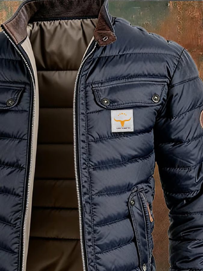 Men's Quilted Puffer Jacket with Stand Collar and Zip Front