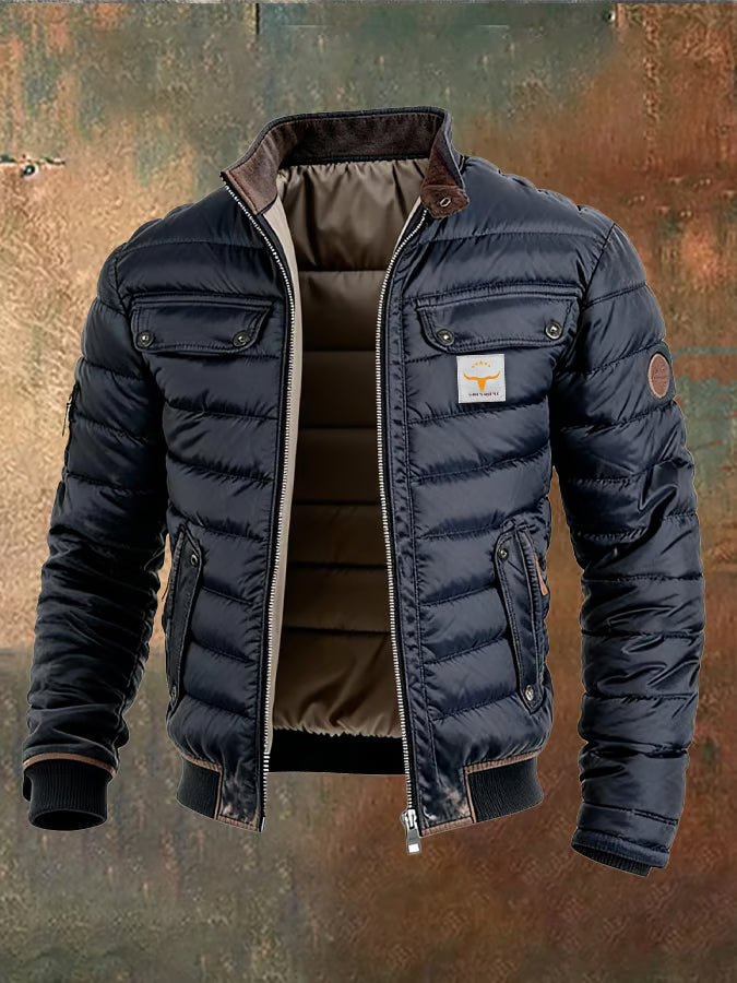 Men's Quilted Puffer Jacket with Stand Collar and Zip Front