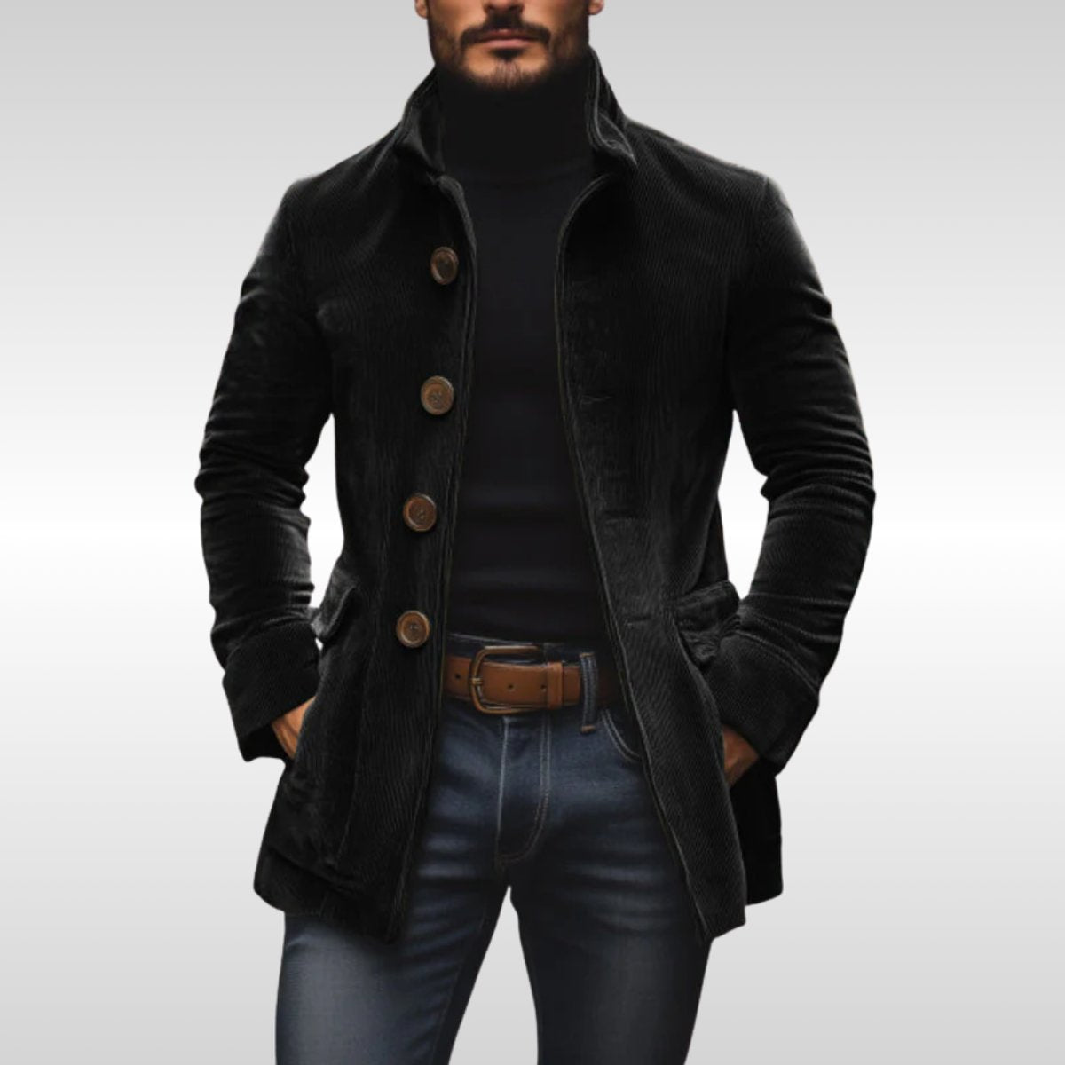 Men's Corduroy Wool Coat – Slim-Fit, Stand Collar