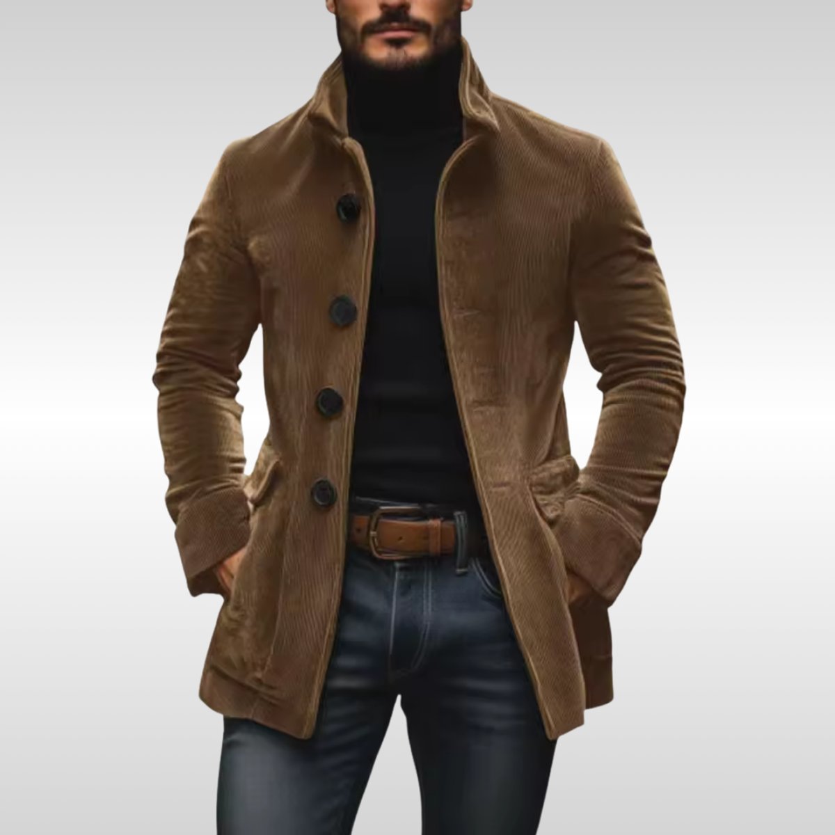Men's Corduroy Wool Coat – Slim-Fit, Stand Collar