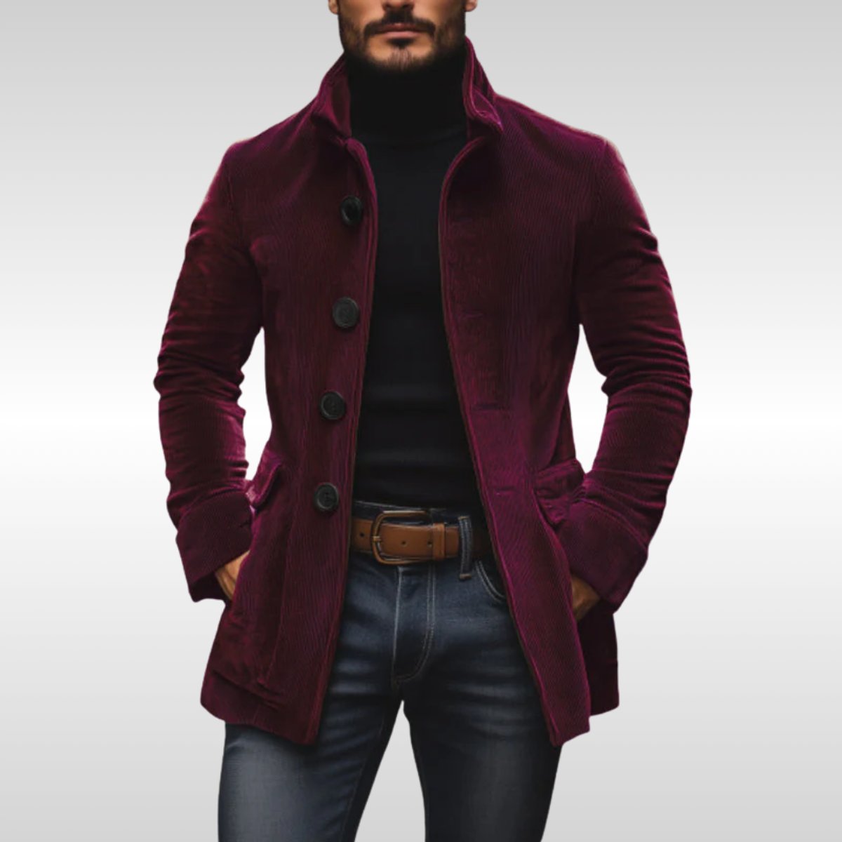 Men's Corduroy Wool Coat – Slim-Fit, Stand Collar