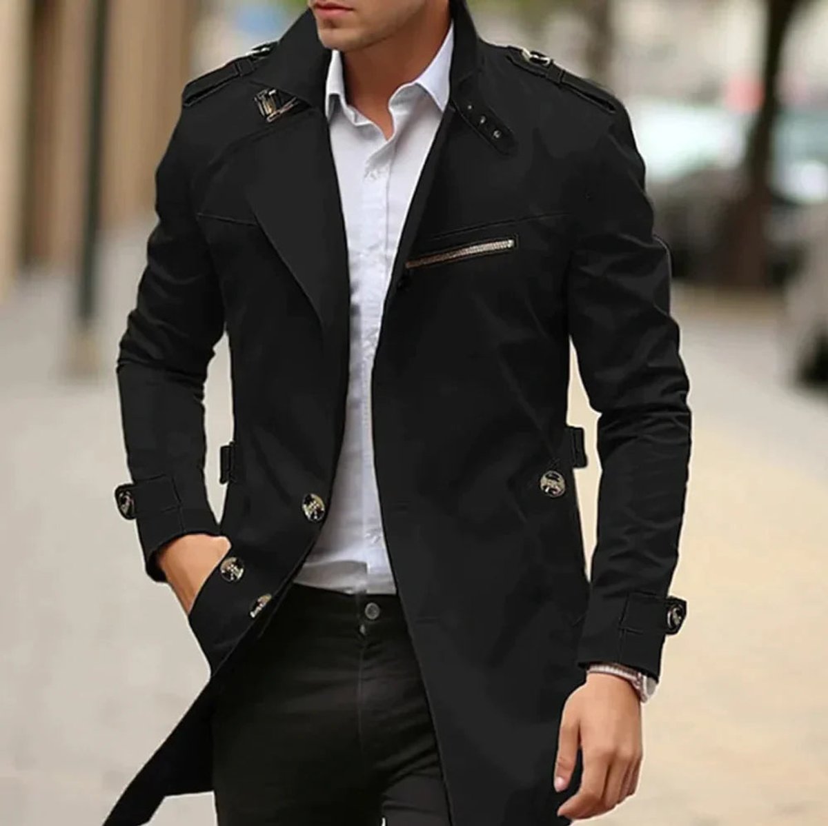 Men's Wool Trench Coat – Slim-Fit, Double-Breasted