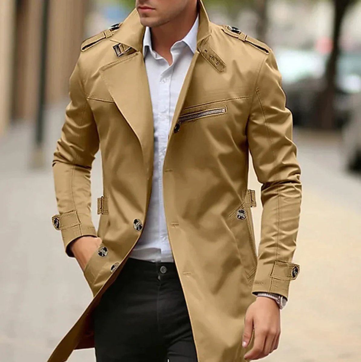 Men's Wool Trench Coat – Slim-Fit, Double-Breasted