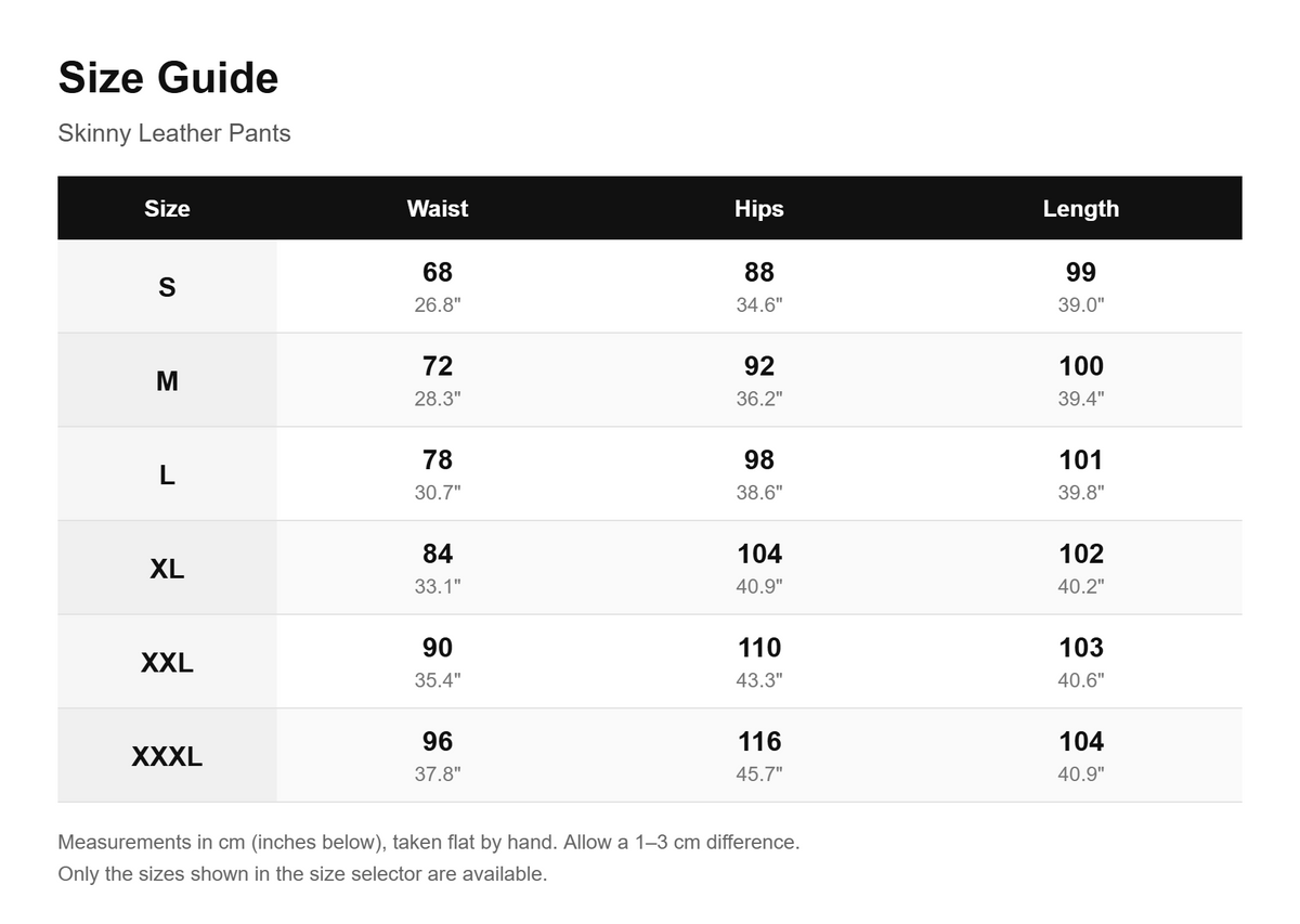 Size guide - Skinny Leather Pants