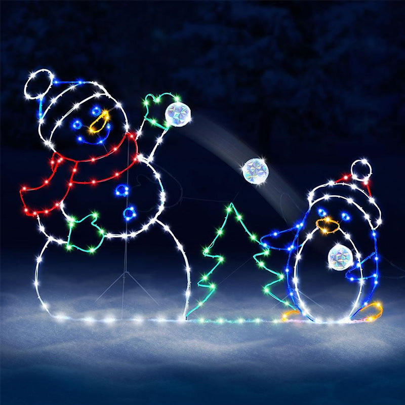 Animated LED Snowball Fight Light Outdoor Snowman and Penguin