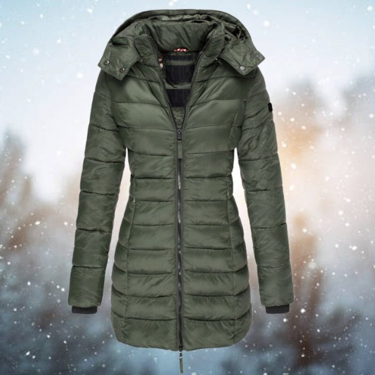 Women's Long Quilted Puffer Coat with Hood and Zip Front