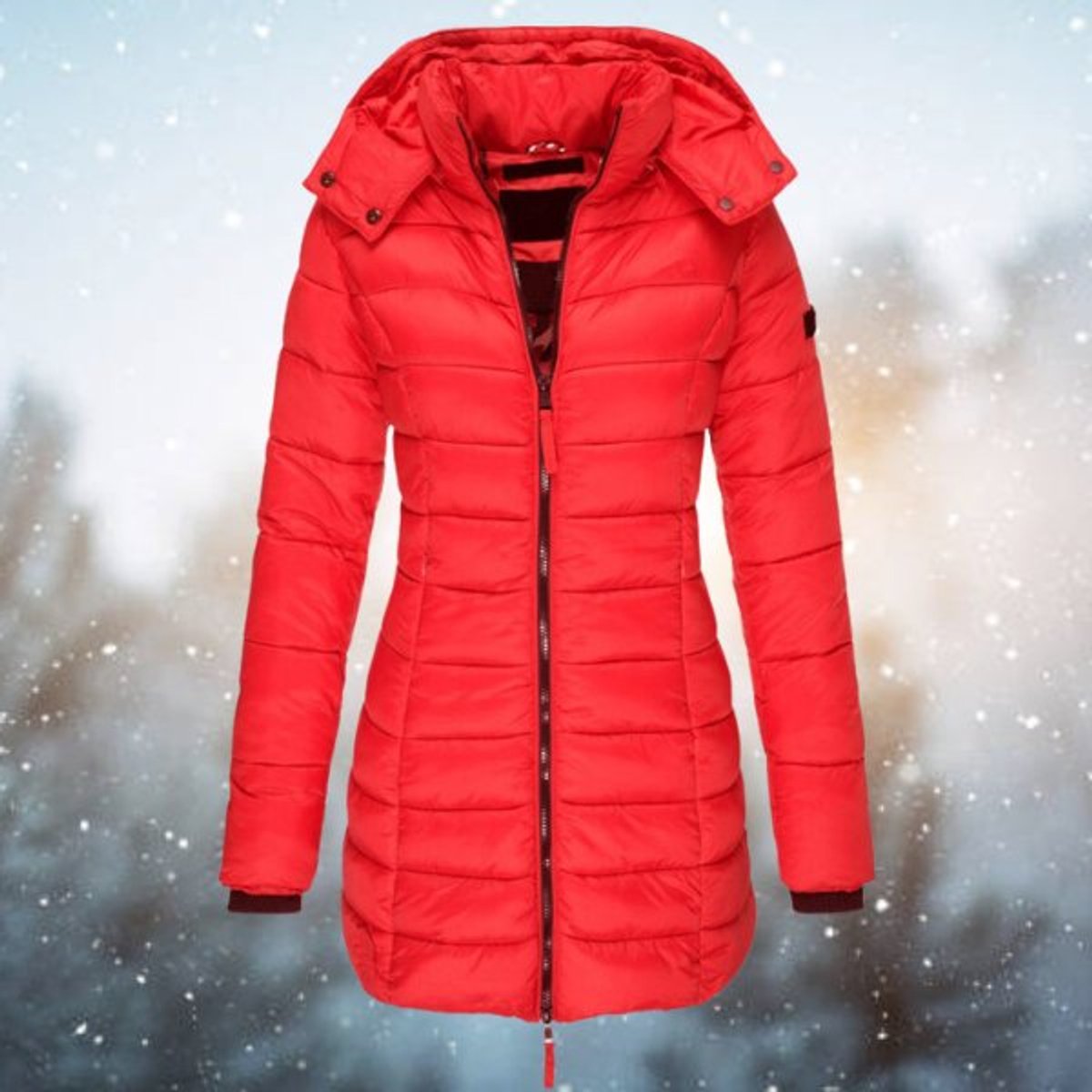 Women's Long Quilted Puffer Coat with Hood and Zip Front