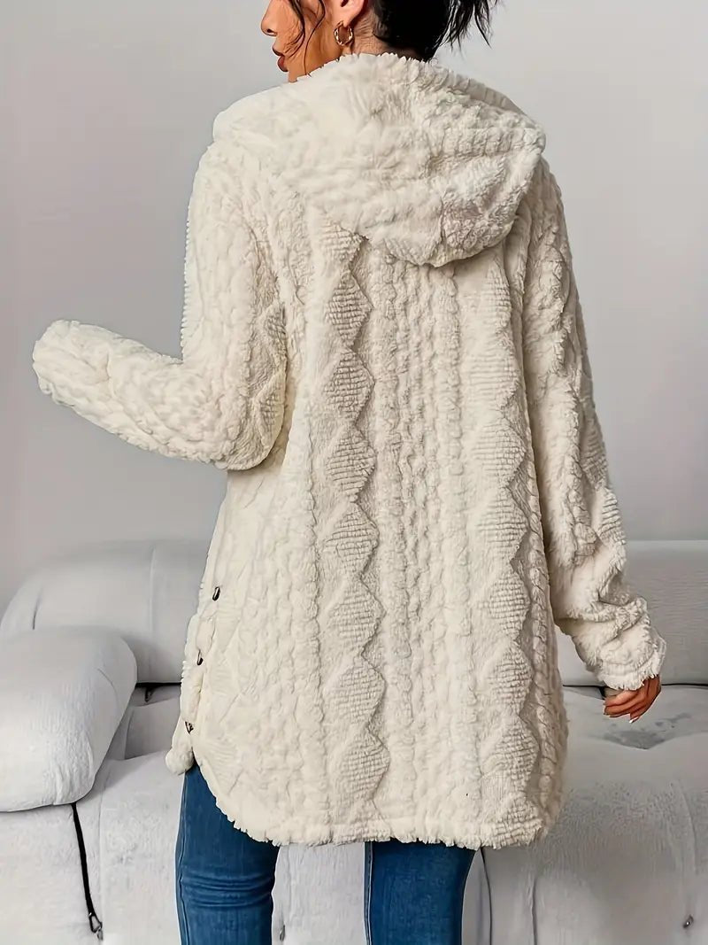 Women's Plush Hooded Cardigan with Textured Button Front