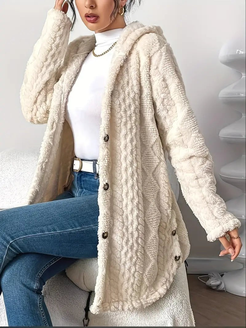 Women's Plush Hooded Cardigan with Textured Button Front