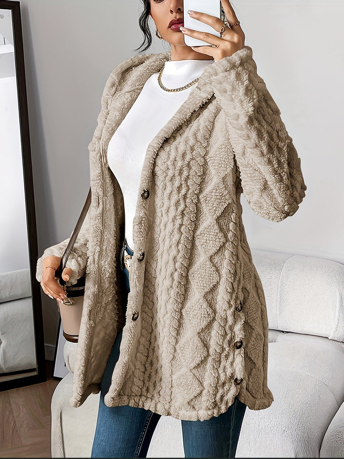 Women's Plush Hooded Cardigan with Textured Button Front