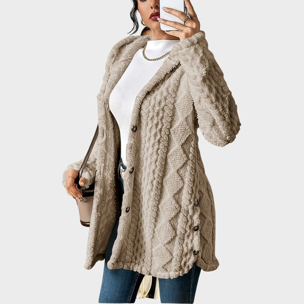 Women's Plush Hooded Cardigan with Textured Button Front