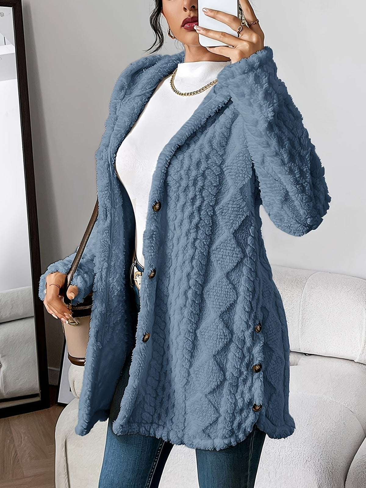 Women's Plush Hooded Cardigan with Textured Button Front
